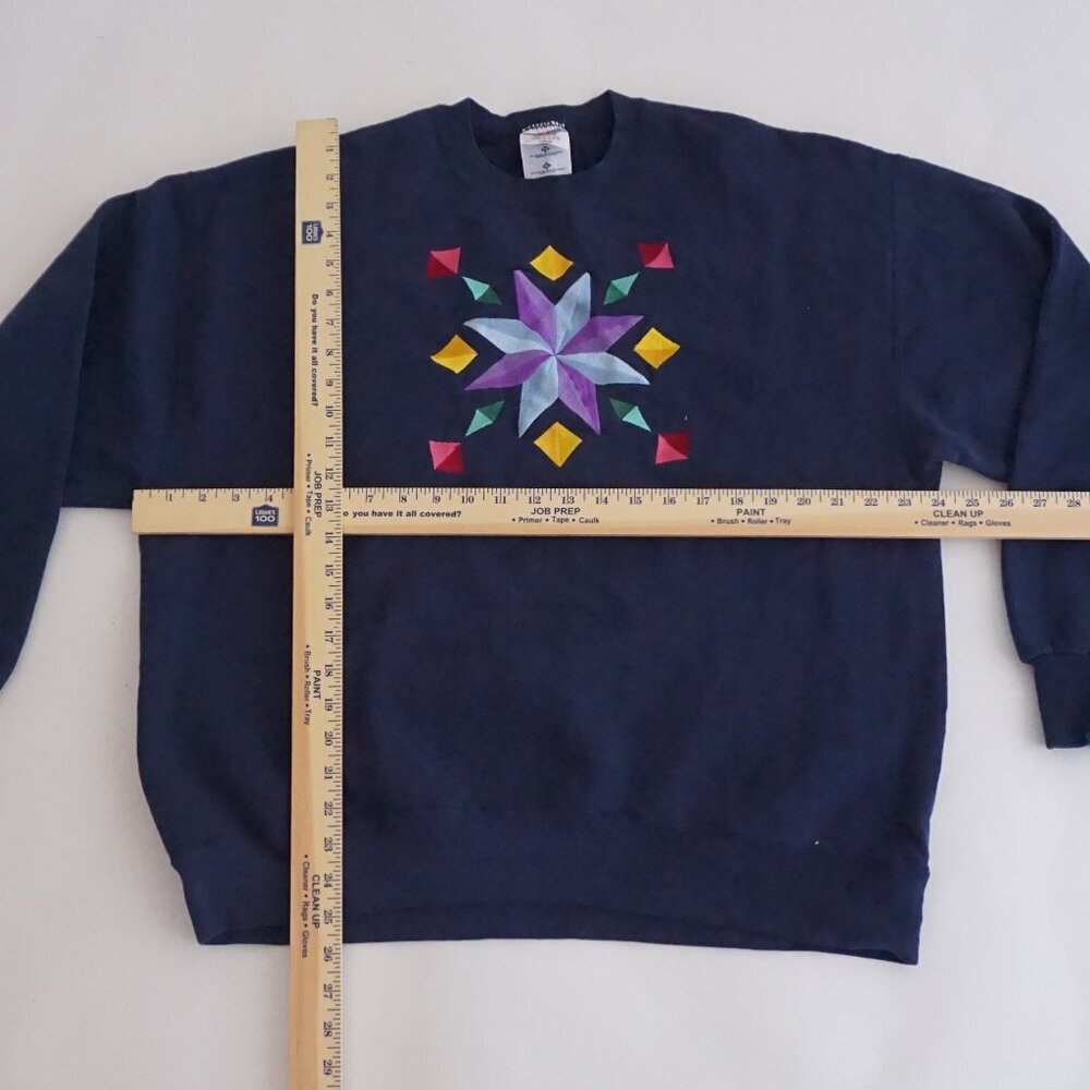 Vintage Jerzees Navy Geometric Star Quilt Embroidered Cotton Crew Sweatshirt XL - Picture 2 of 9